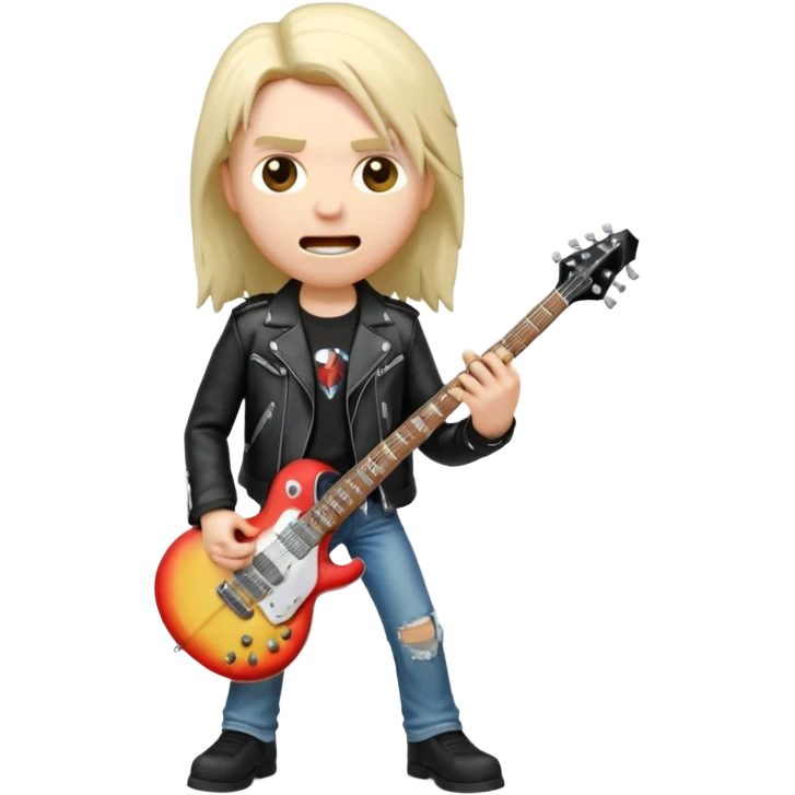 3D Apple-style emoji of a metal musician holding an electric guitar with a bold "ROCK" sign above. Long hair, black leather jacket, ripped jeans, intense expression. Rounded, glossy, smooth, soft shadows, white background.











 emoji