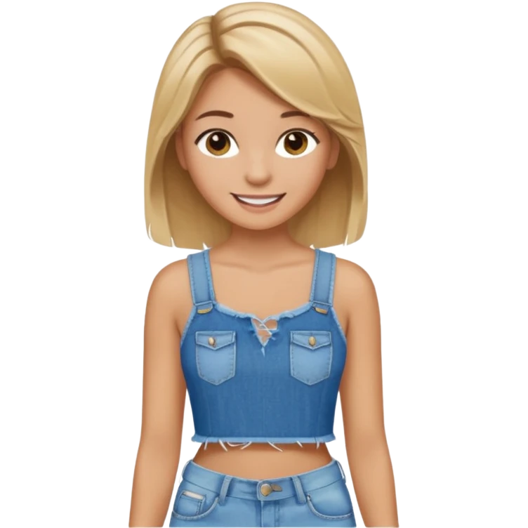 preppy teen girl, tan, blonde highlights, brown hair, long eyelashes, beach aesthetic, wearing cute clothes, sexy, wearing ripped blue jeans with a crop top emoji