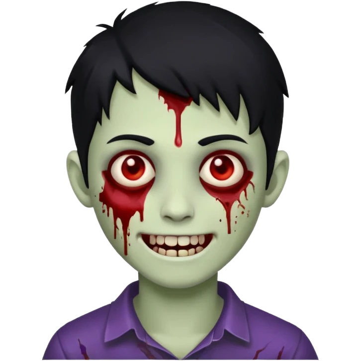 Teen zombie with black hair smiling with blood all over him emoji