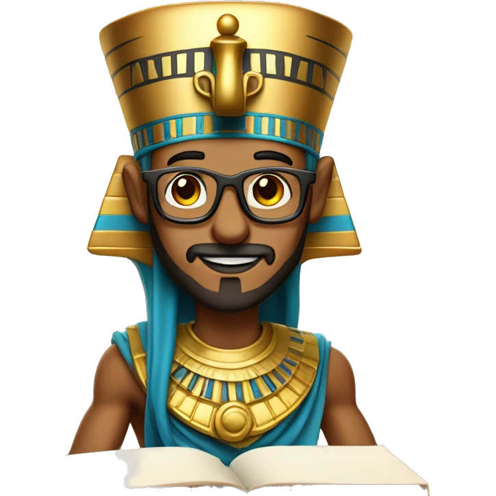 Egyptian pharaoh with glasses and a goatee holding a history book emoji