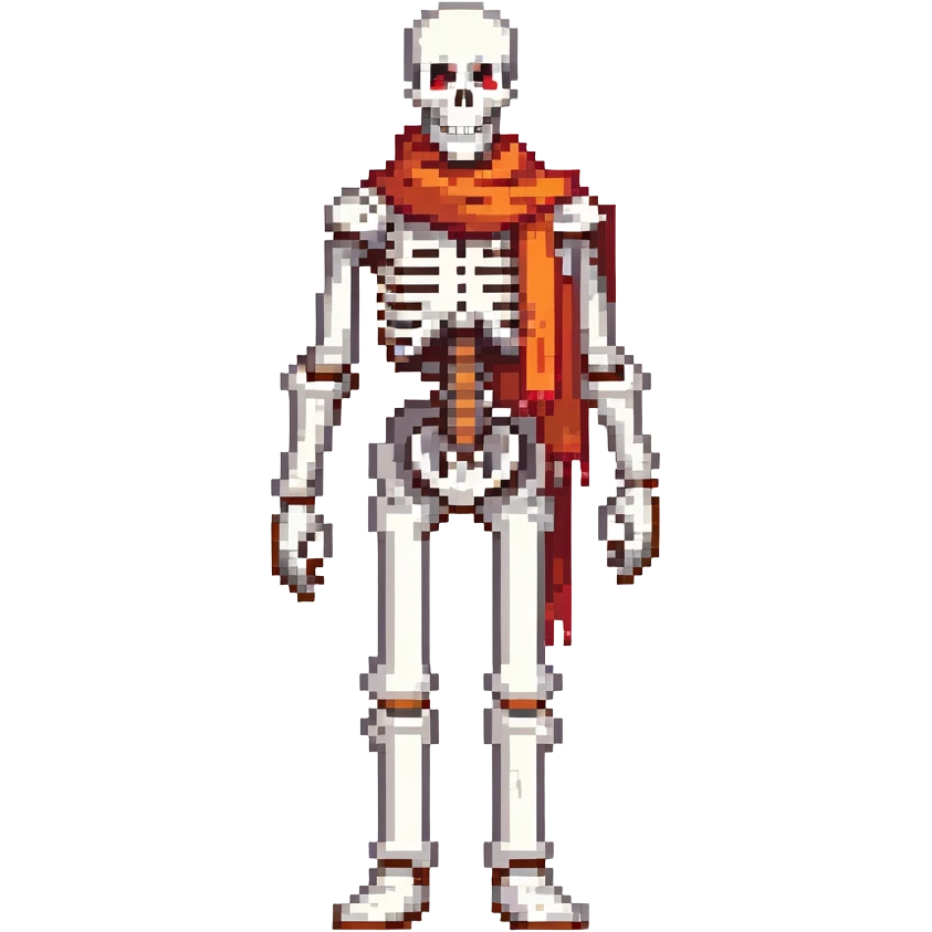 Papyrus from Undertale, tall skeleton with a red scarf, white body armor, orange-red gloves, enthusiastic expression emoji