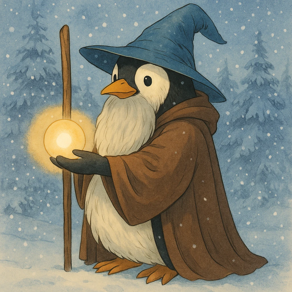 Add a snowy background behind the penguin wizard, keeping the fantasy illustration style. emoji