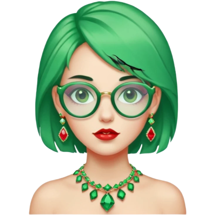 gem lover woman with gem accessories excessive amount gem glassess very big gem earrings green hair and red diamonds emoji