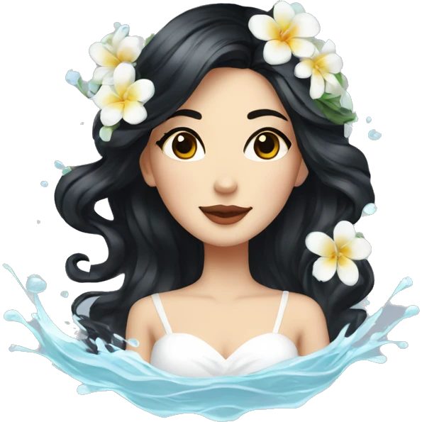 Pretty young Lady with black hair flowers in hair white dress surrounded by flowing water emoji