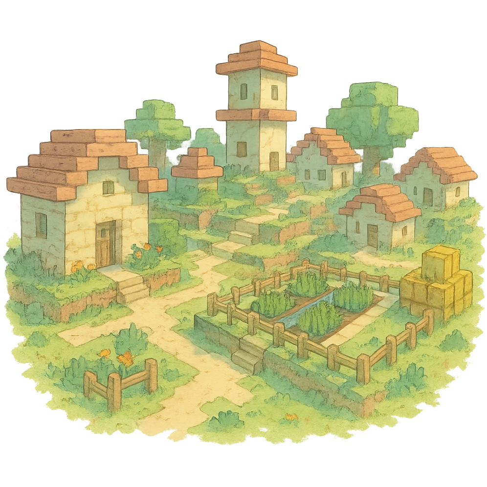 ghibli style Minecraft village with soft colors emoji