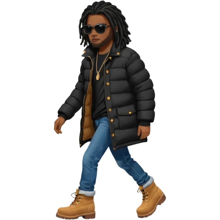 African American man brown skin complexion with black dreadlocks shoulder length wearing black bubble winter coat wearing black sunglasses with denim skinny jeans and timberland boots walking right emoji