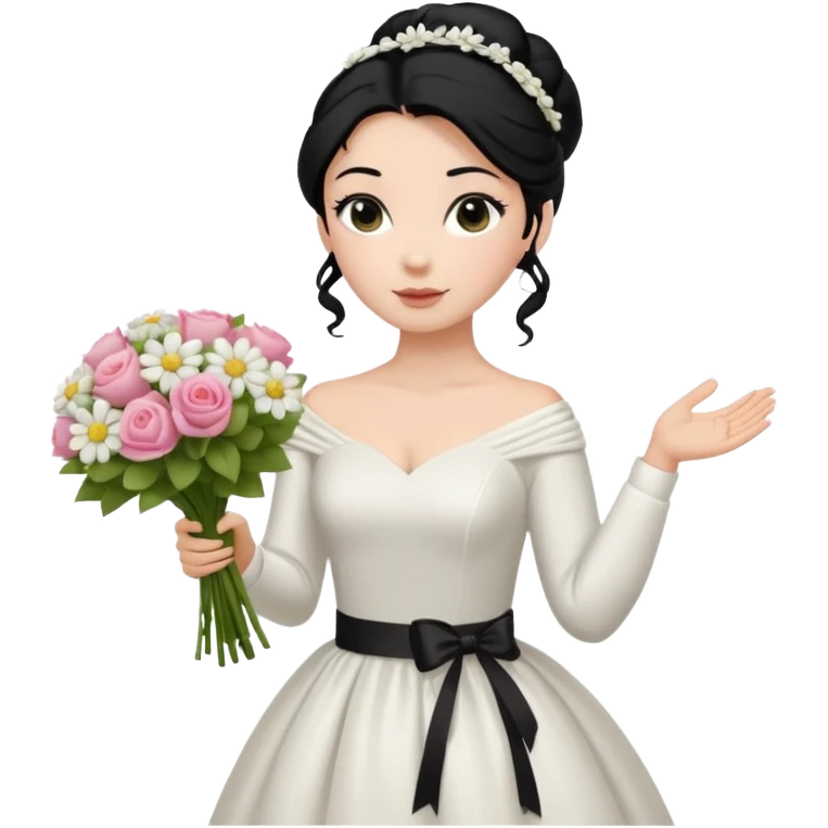 Chica blanca,cuerpo entero, vestido boda ,manga larga ,con estola, pelo negro,    ramo de flores una mano, pelo recogido en moño alto emoji