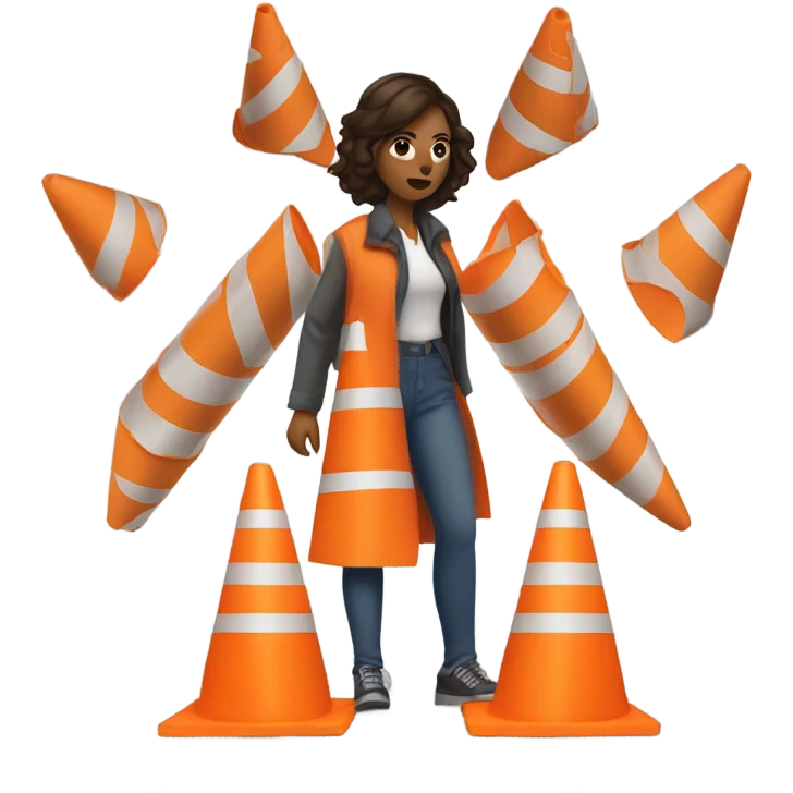 Woman surrounded by warning cones emoji