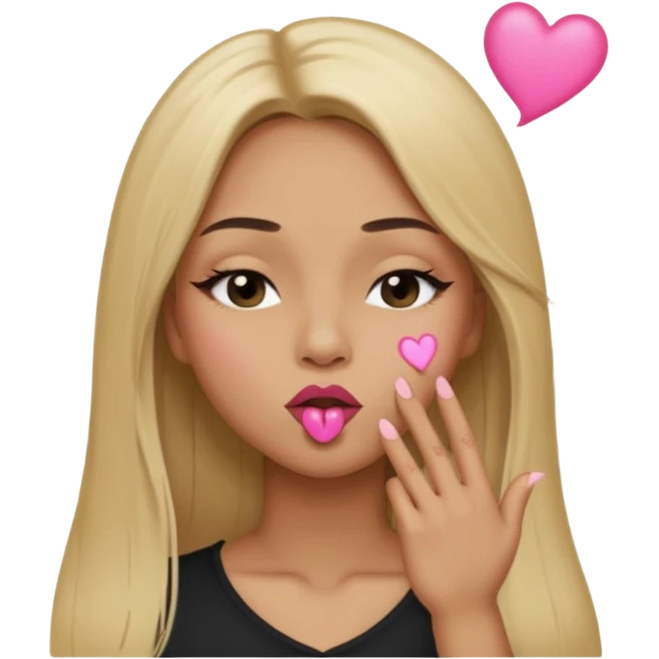Mujer color de piel moreno claro, con cabello rubio largo, lacio y suelto, ojos negros, labios rosa, mandando un beso con un ojo cerrado  emoji