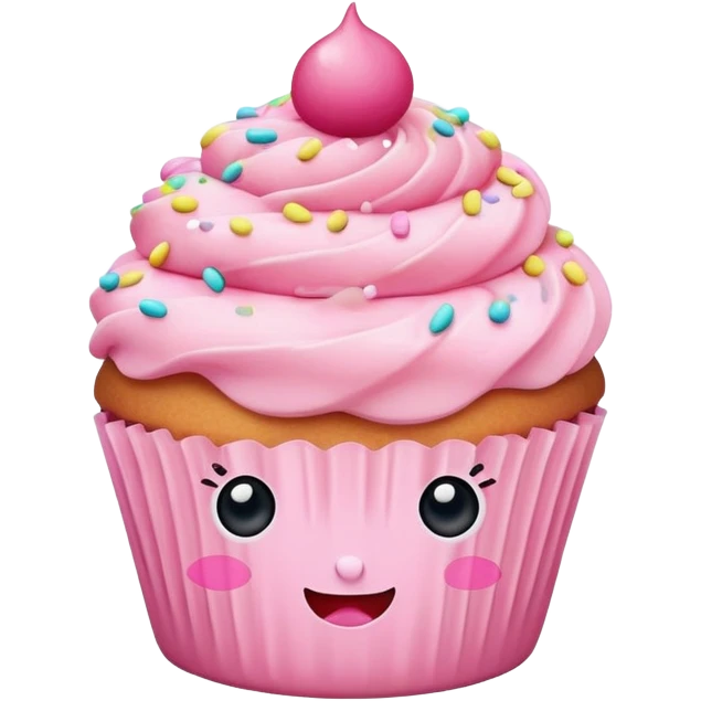 cupcake with pink icing, cute face emoji