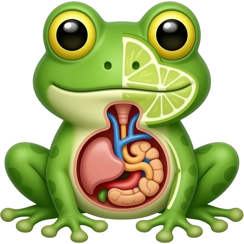 A 2D render iPhone emoji icon of a dissected lime green frog detailed emoji