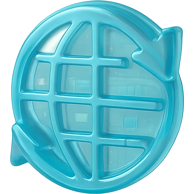 Minimalist icon of a globe with arrows circling around it, flat design, representing website traffic, cyan blue emoji