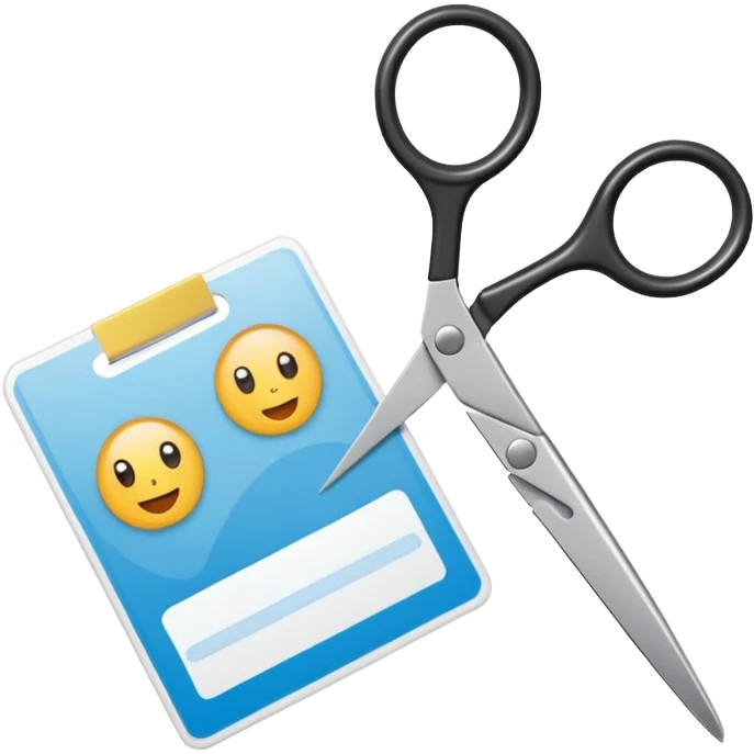 Scissors cutting ID card in 2 parts. Realistic emoji