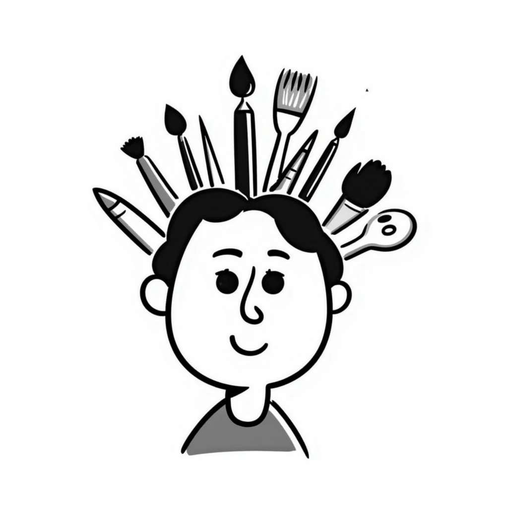 Art tools and brushes forming the shape of a human face, representing artistic identity emoji