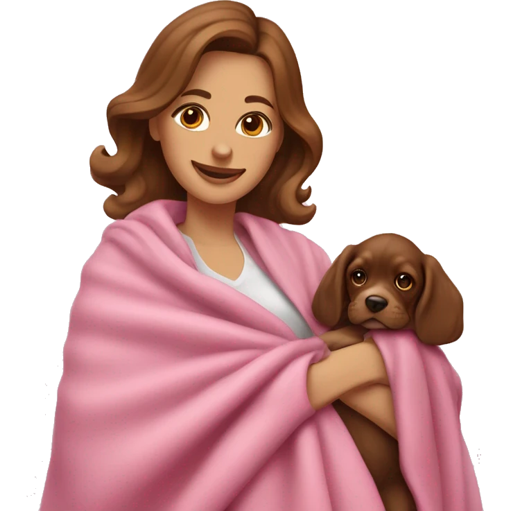 a woman with brown hair is cradling her puppy in a pink baby blanket. the puppy is a cocker spaniel. the woman is smiling with mouth ajar. you can see the woman cradling the puppy like a baby from her waist up.  emoji
