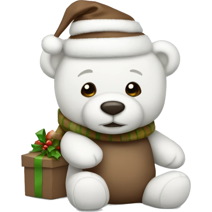 White Christmas teddy bear with brown emoji