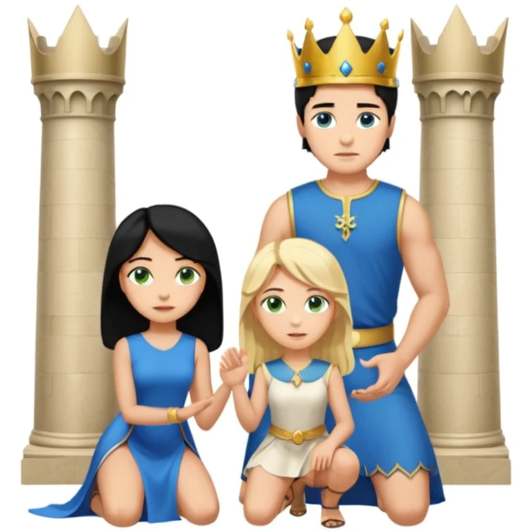 Man as king, standing, black Hair, blue eyes, female Servoamt, blonde, green eyes, shott white sleveless Dress, kneeling, background palace emoji