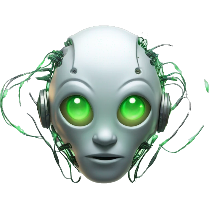 Round Alien cyborg head with glowing wires and green eyes  emoji