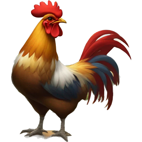 A rooster wearing a beret, glasses, and painting a French countryside landscape with a colorful palette. emoji