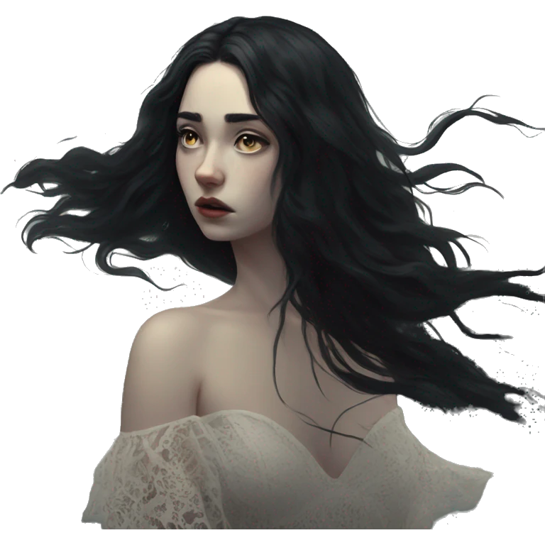 Dramatic girl  very pale with dark lighting  with black hair  in river with very very long lace dress  black long hair flying in the wind sad face  emoji