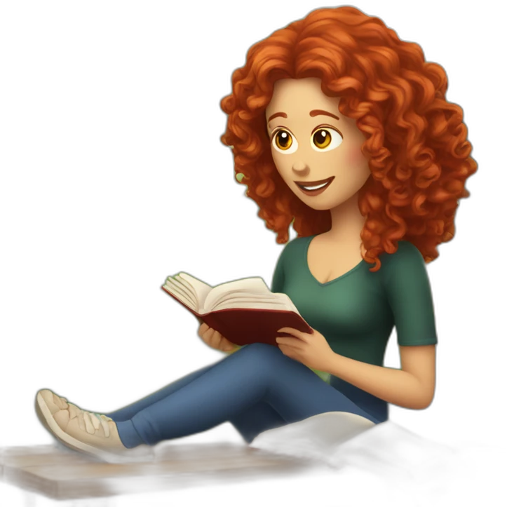 White woman with long curly red hair reading a book with a glass of wine in a park emoji