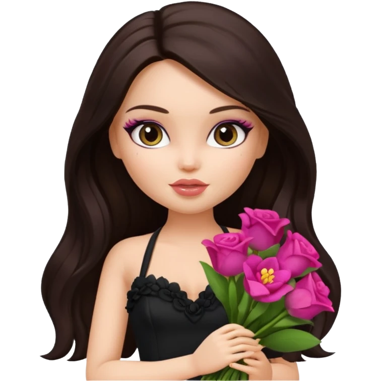 pretty bratz doll with makeup with dark halterneck top, long dark brown hair holding big bouquet of flowers emoji