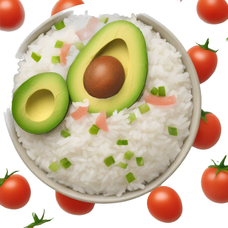 a big bowl with white rice, tomatoes, green sliced paprika, sliced avocado and pink joghurt emoji