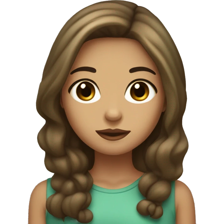 Beige Girl with long brown hair, eyes: one is green-blue, the other is green-brown, black eyebrows and slightly plump lips emoji
