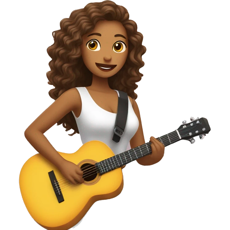 Chica de pelo café y ondulado y un vestido blanco sosteniendo una guitarra emoji