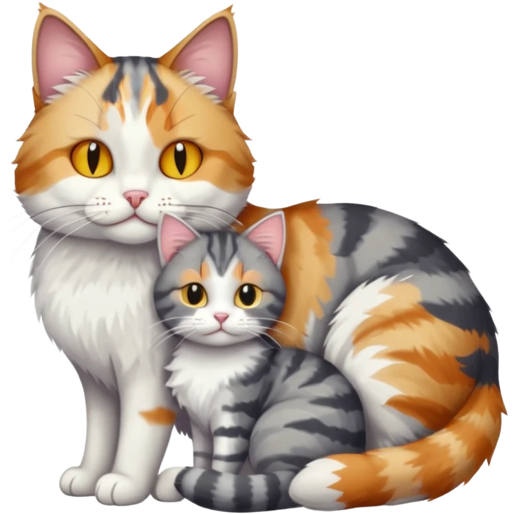 full body colourful light patched calico + white tabby cat cuddling a big grey and white tabby cat  emoji