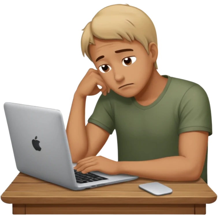 man at table with laptop tired expression dramatic posture emoji