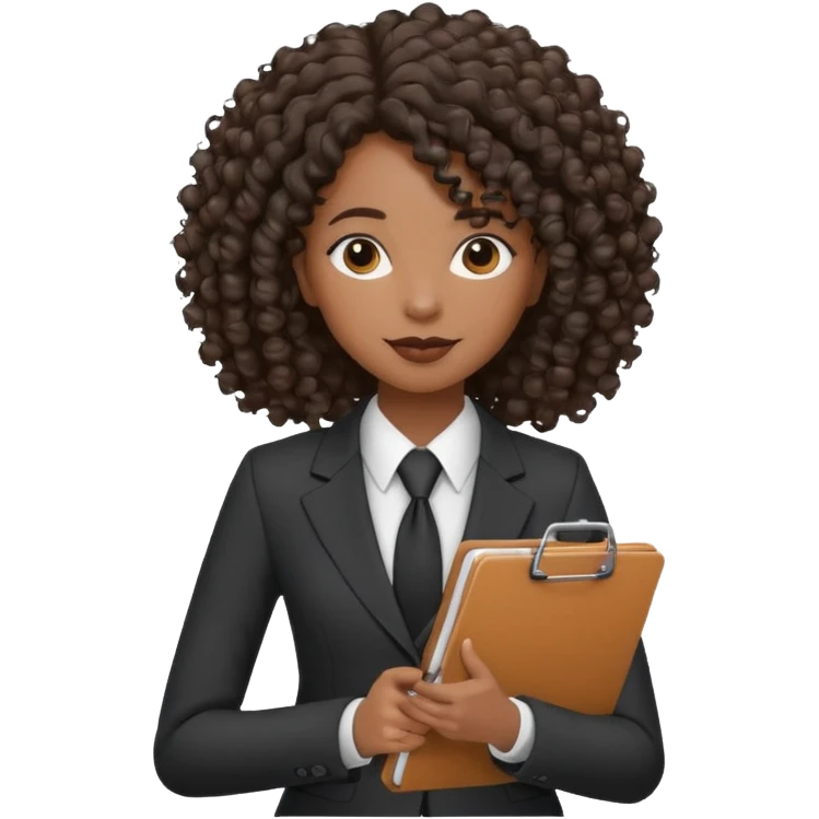 black woman in a suit holding a clipboard with curly hair emoji