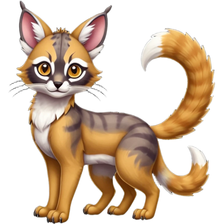 Colorful dark tropical exotic cute cool beautiful shiny beautiful fantasy-caracal-civet-genet-sergal-vernid-Gryphon-Cacomistle-Trico-oncilla-animal-Fakémon-hybrid-fursona (full body) emoji
