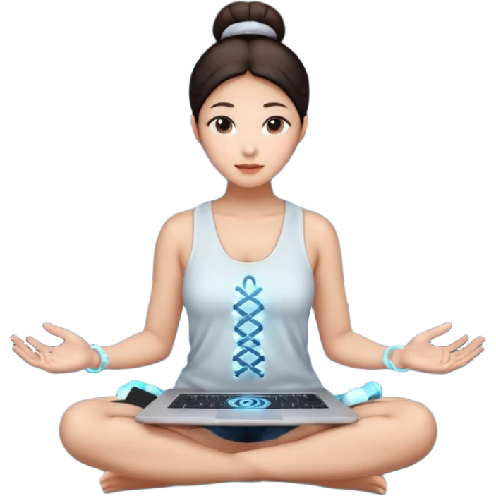 emoji of an asian woman with a single bun sitting cross legged with dna levitating above one hand and a laptop above the other hand emoji