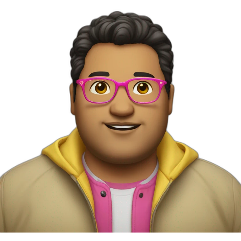 plus-sized man with dark hair, yellow long jacket, pink glasses emoji