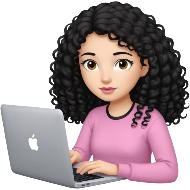 a girl typing mac book with long black curly hair and brown eyes with black eyeliner, pink shirt, social media manager emoji