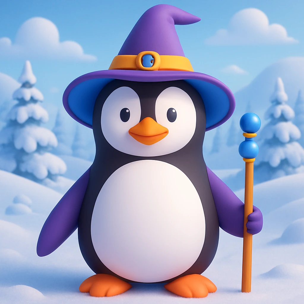 Make a snowy landscape background behind the penguin wizard, keep all original colours and lighting in 3d emoji style emoji