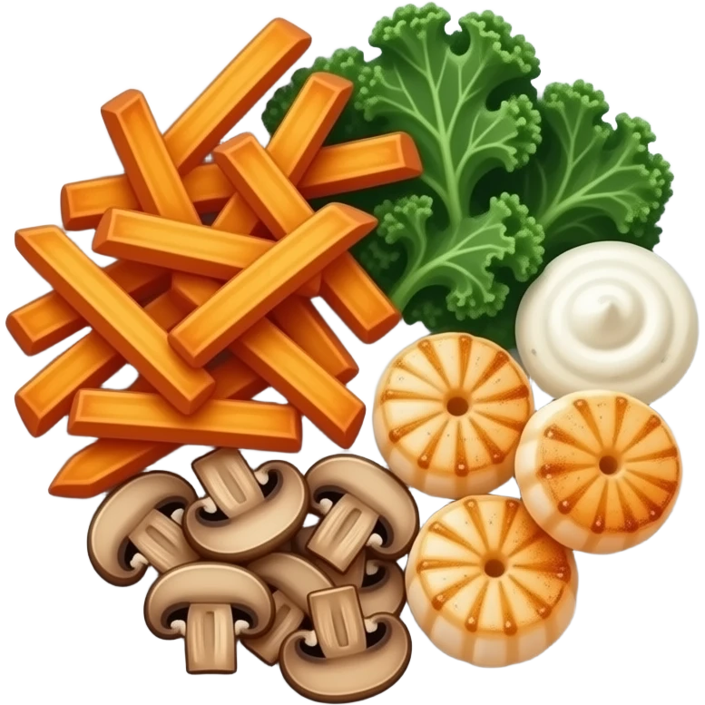 Realistic plate of sweet potato fries, kale, scallops, mushrooms and sour cream emoji