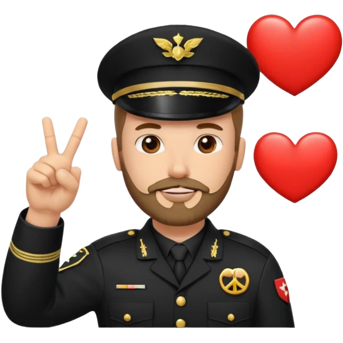 "Generate an emoji of a soldier in a black uniform with a 3-day stubble beard, giving a peace sign with one hand and a thumbs up with the other, surrounded by heart eyes and love symbols" emoji