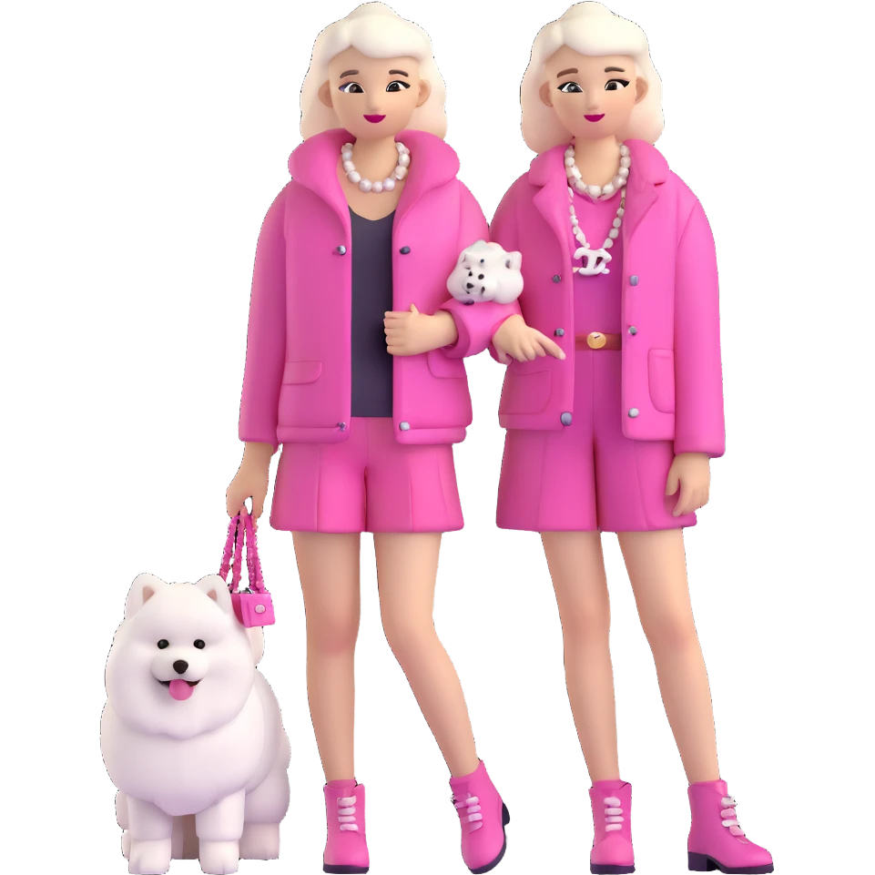 girl in pink Chanel-style outfit with white Samoyed dog emoji