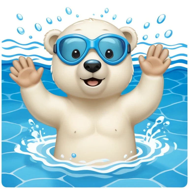 friendly anthropomorphised polar bear swimming freestyle with excited expression, wearing blue swimming goggles, pool tiles and water visible emoji