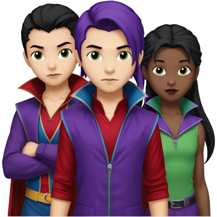 Solo poly platonic relationship, one African girl, one Asian boy, one biracial features Asian tomboy girl rat-tail hair long and upper masculine hair 90s, vampire and marvel cosplay elements inspired  use marvel race, like instead of obvious human, green purple blue etc,  emoji