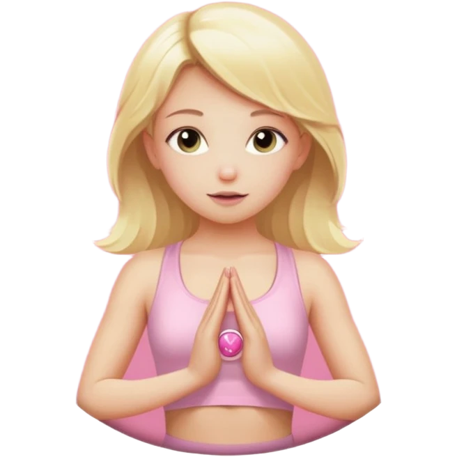 angelic blonde girl in light pink yoga outfit pushing "FUCK" pink button emoji