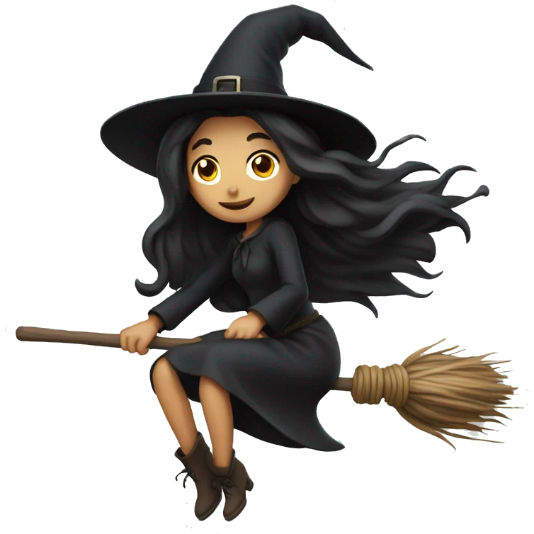 dark long hair witch flying on a broom white skin emoji