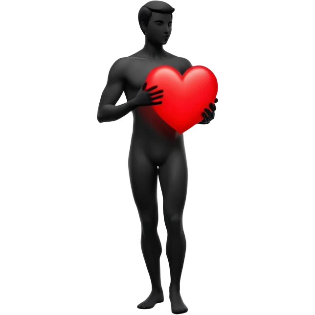 Minimalist b&w male silhouette with flowing curves, overlaid with a big glowing red heart, symbolizing attraction, inspiration, and transformation through the qualities admired in others.” emoji