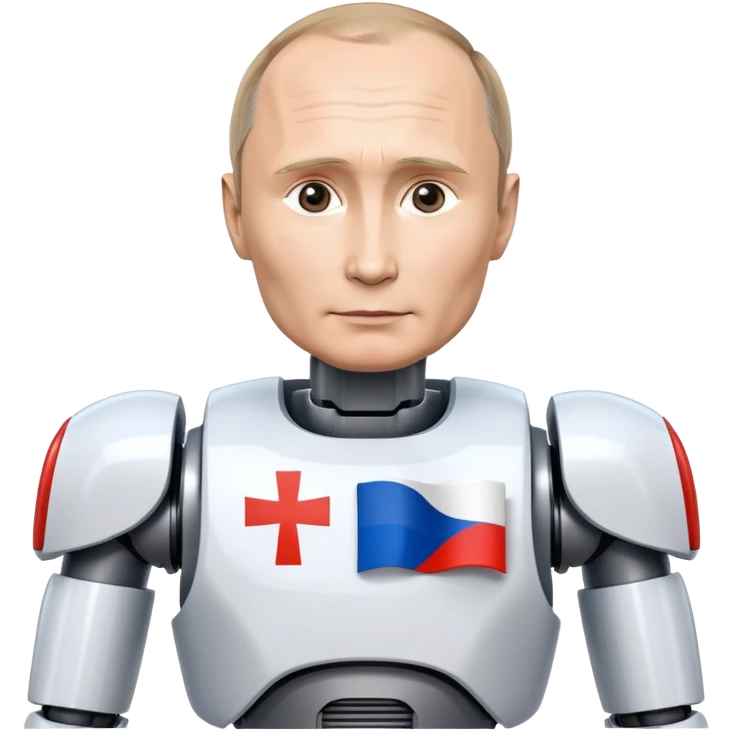 Futuristic robot with Vladimir Putin features and Russian flag colors emoji