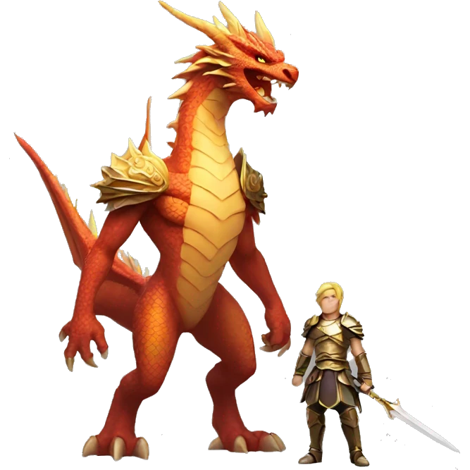 A powerful warrior standing in front of a dragon The dragon looks angrily at the warrior with its golden points emoji