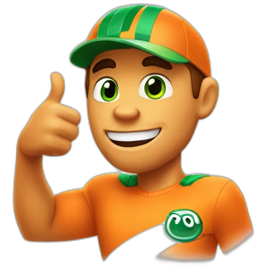 pixar like image orange jaguar green eyed athletic with liht smile with a thumbs up emoji