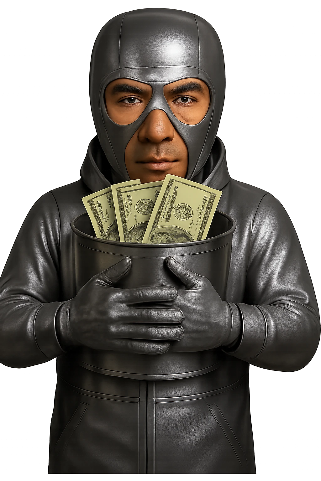Remove the background and make it fully transparent, keeping the character, bucket, and realistic dollar bills unchanged. Preserve all details and colors of the character, bucket, and dollar bills exactly as they are, only removing the background to transparent. emoji