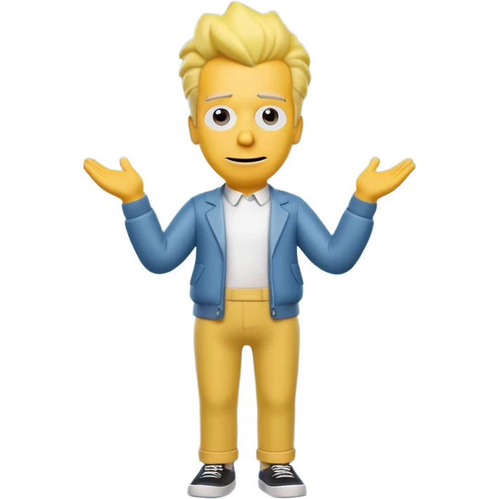 A 3D cartoon male character entirely in yellow, including skin, hair, and clothing, standing confidently, cheerful expression, full-body Memoji-style render with smooth shading, matching the Simpsons style. emoji